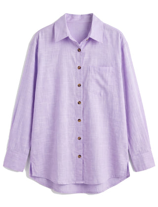 Violet oversized button-down shirt with chest pocket, front view