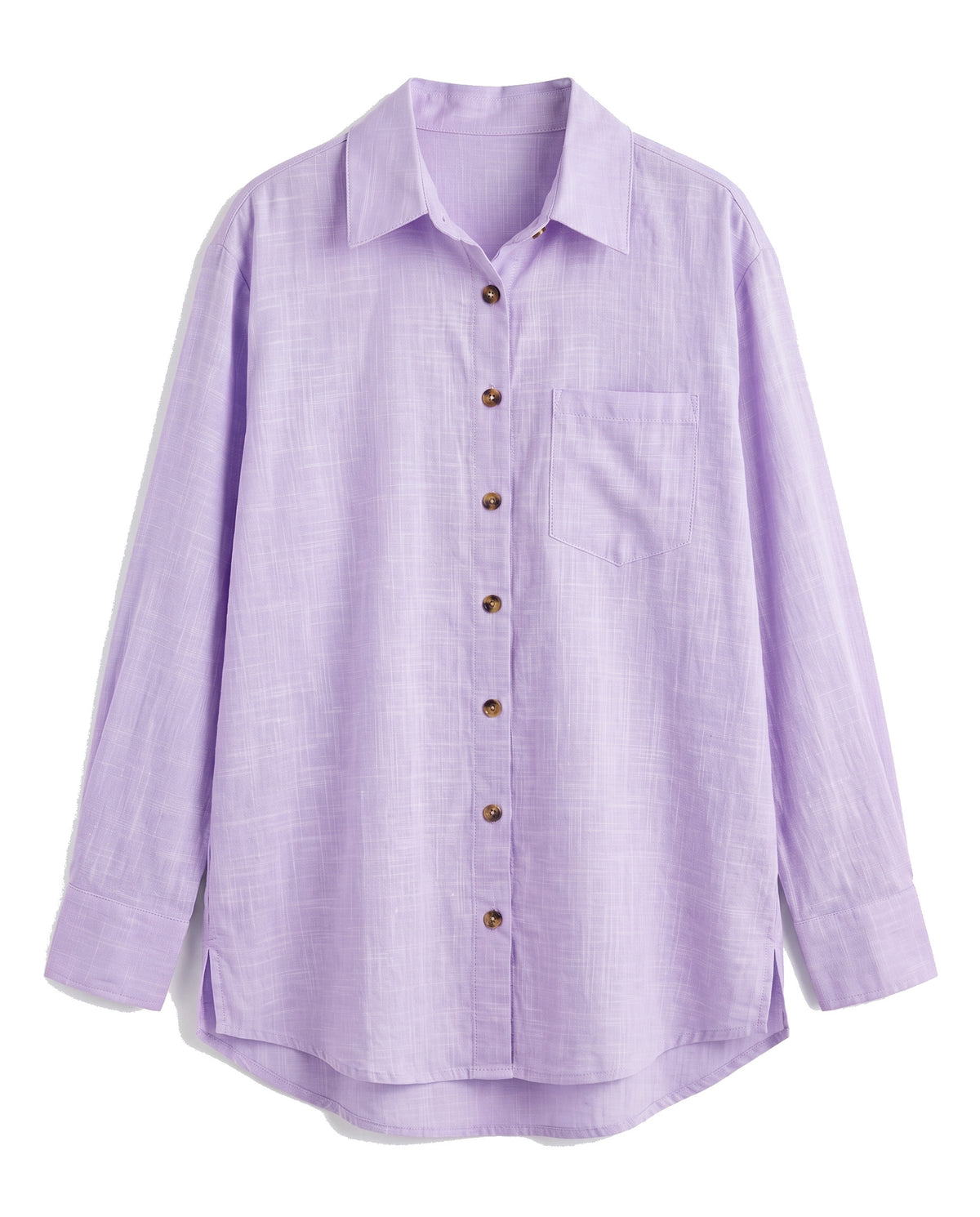 Violet oversized button-down shirt with chest pocket, front view