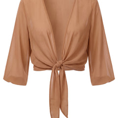 Sheer tie-front cropped shrug in Caramel, front view
