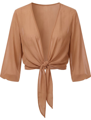 Sheer tie-front cropped shrug in Caramel, front view