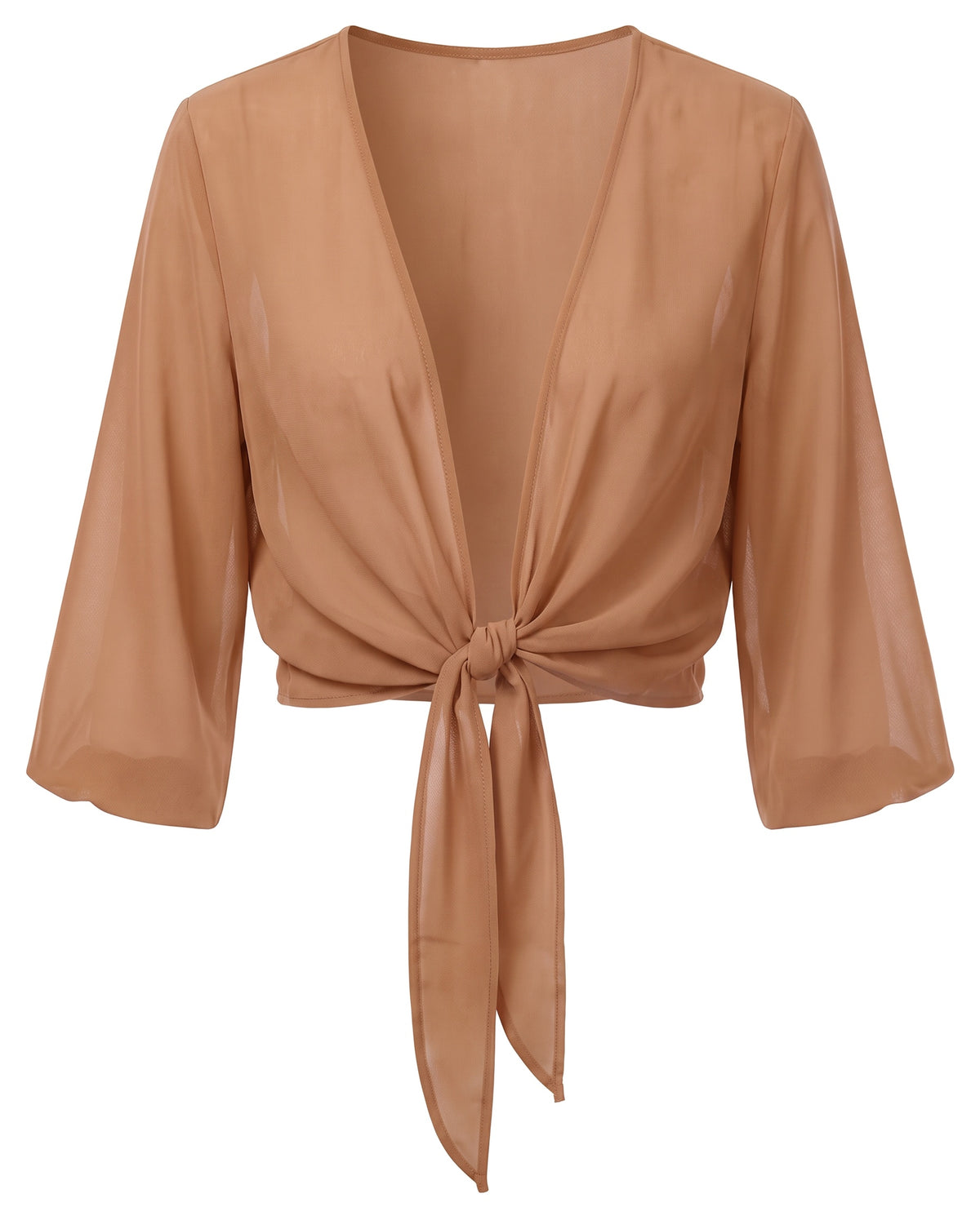 Sheer tie-front cropped shrug in Caramel, front view