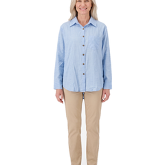 Model wearing the light blue button front shirt, front view
