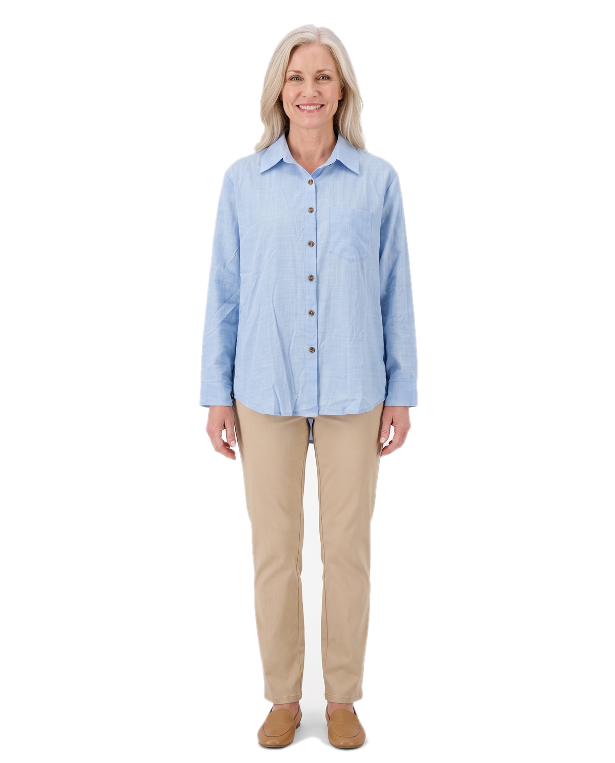 Model wearing the light blue button front shirt, front view