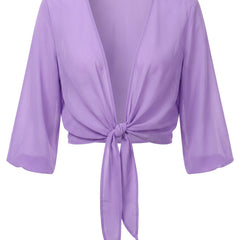 Sheer purple tie-front cropped shrug, front view