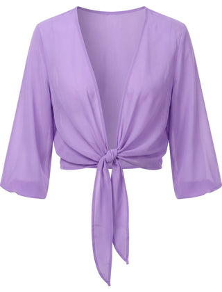 Sheer purple tie-front cropped shrug, front view