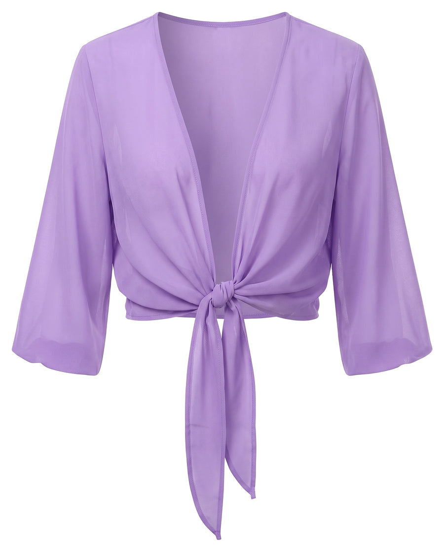 Sheer purple tie-front cropped shrug, front view