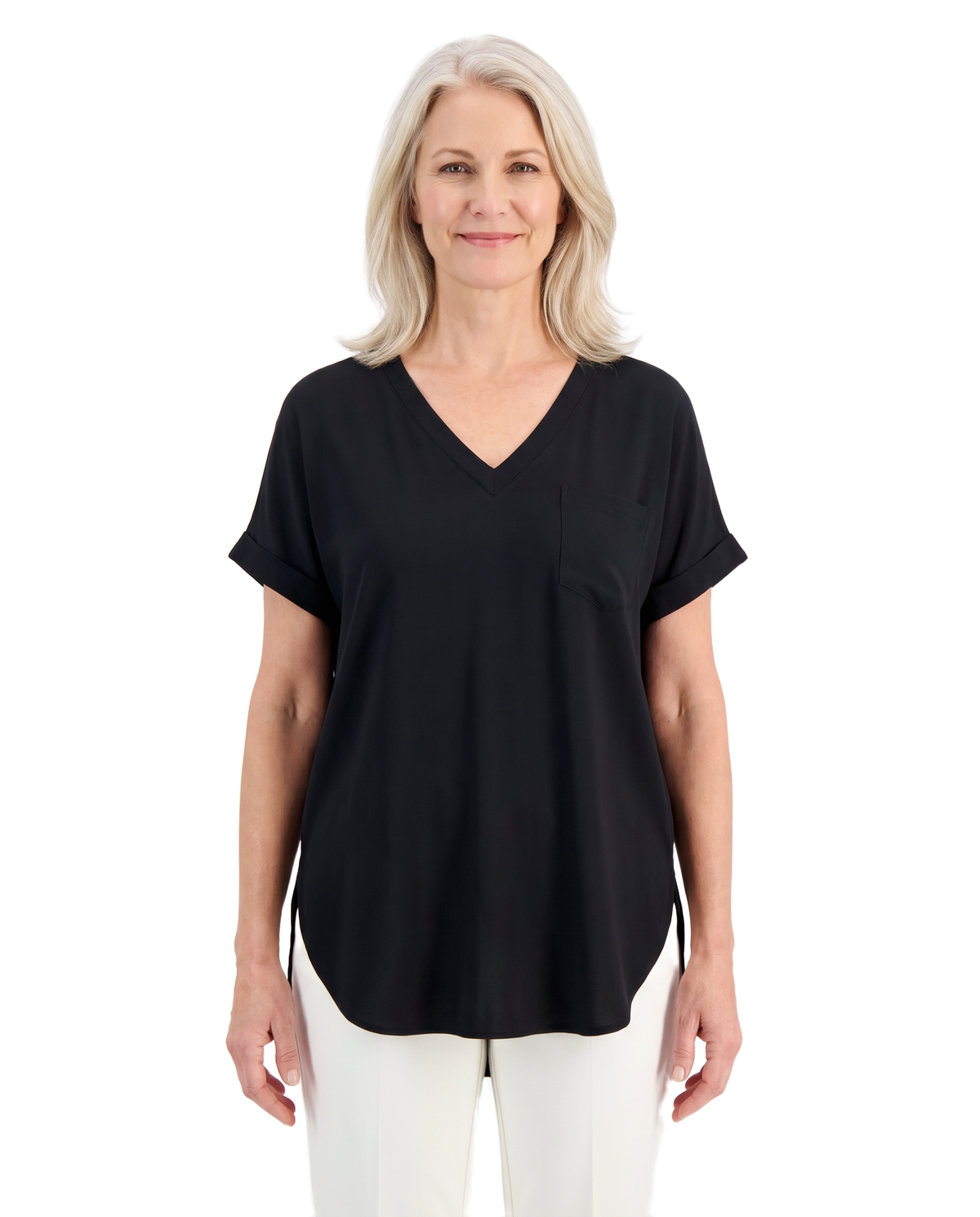 Model wearing the black loose V neck top, front standing