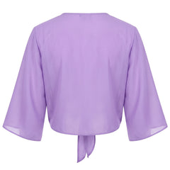 Sheer purple tie-front cropped shrug, back view