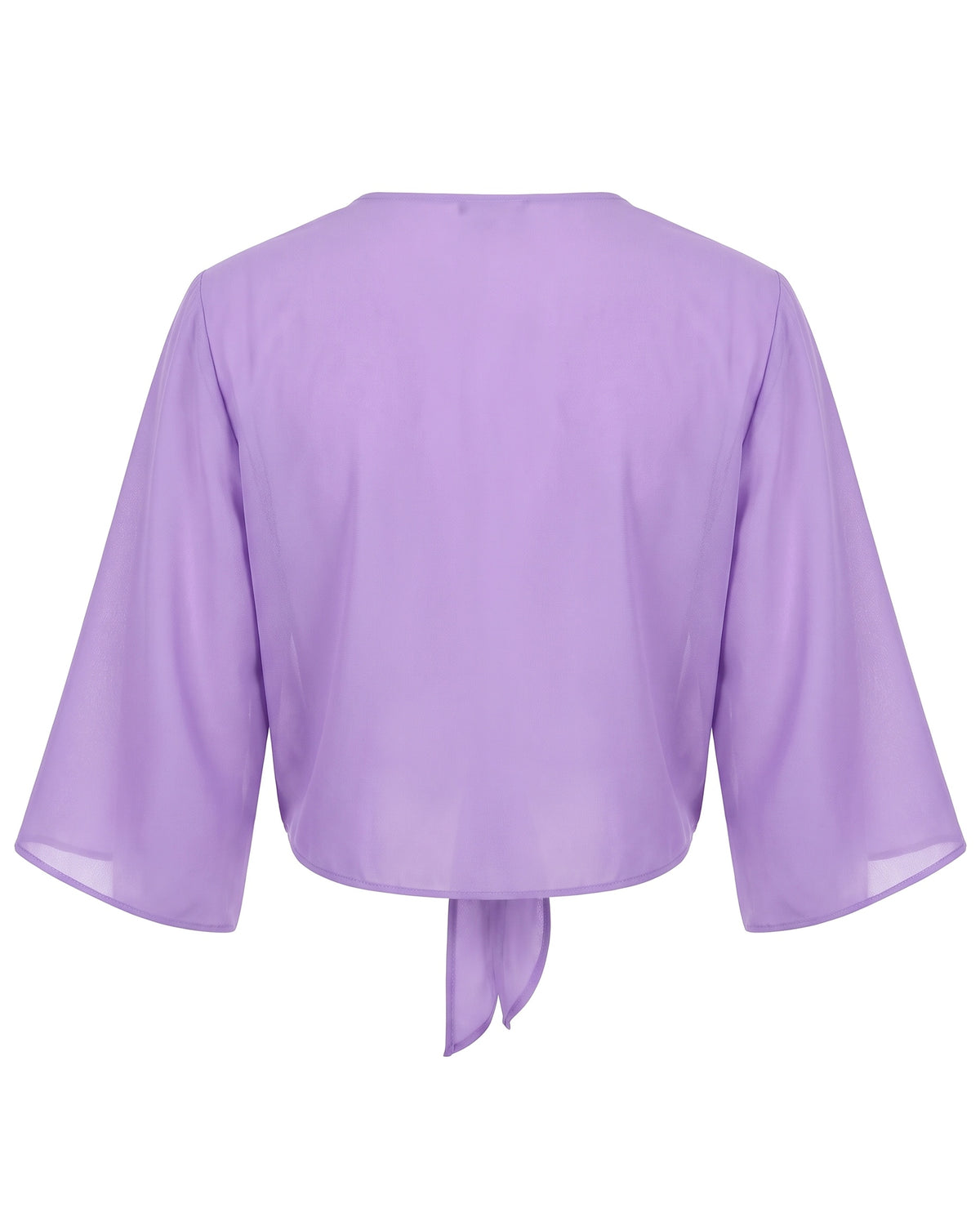 Sheer purple tie-front cropped shrug, back view