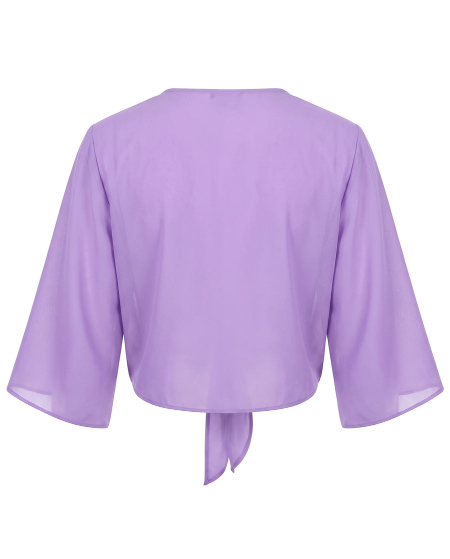 Sheer purple tie-front cropped shrug, back view
