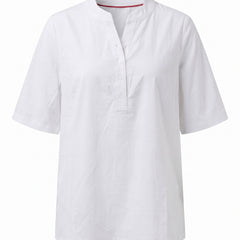 White notch neck short sleeve tunic top, front view