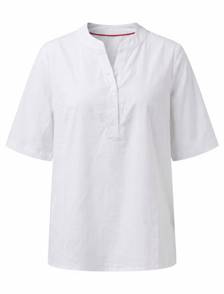 White notch neck short sleeve tunic top, front view