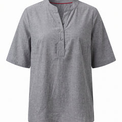 Grey notch neck short sleeve tunic top, front view