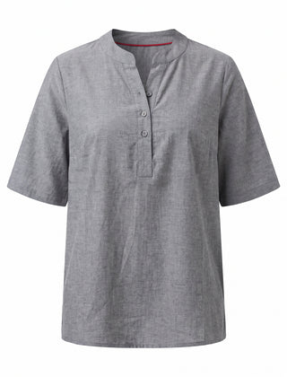 Grey notch neck short sleeve tunic top, front view