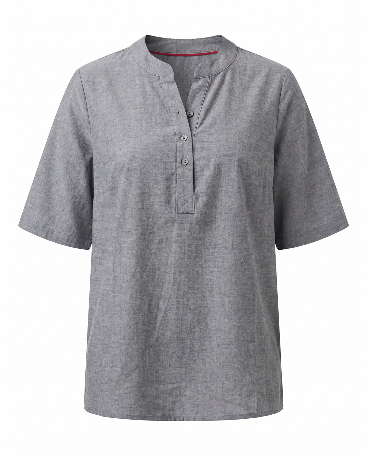 Grey notch neck short sleeve tunic top, front view