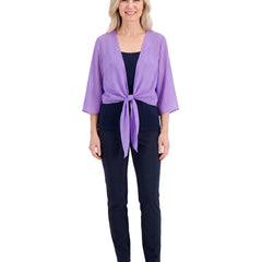 Model wearing the sheer tie-front shrug, front standing