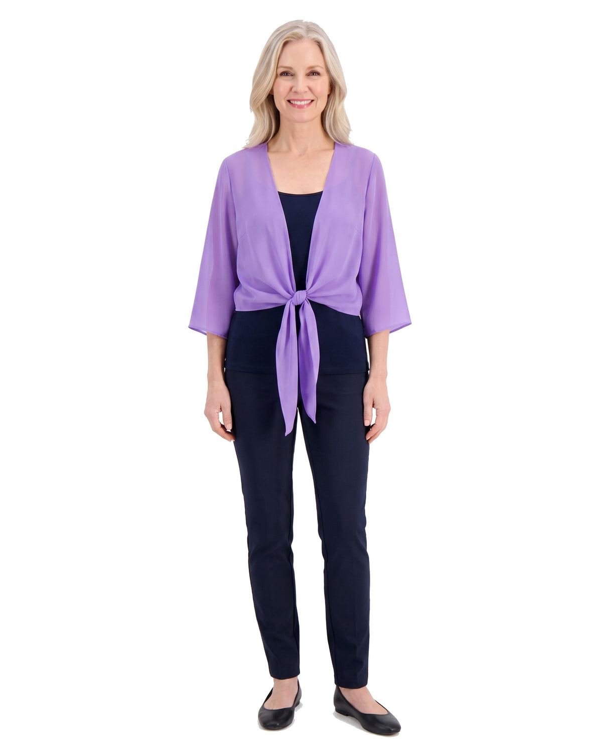 Model wearing the sheer tie-front shrug, front standing