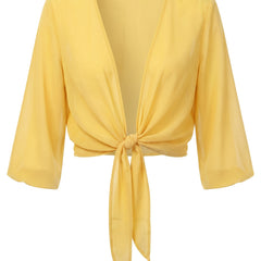 Sheer tie-front cropped shrug in Sunshine Yellow, front view