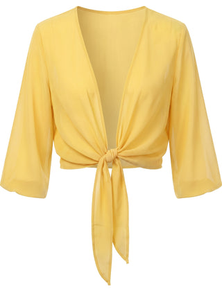 Sheer tie-front cropped shrug in Sunshine Yellow, front view