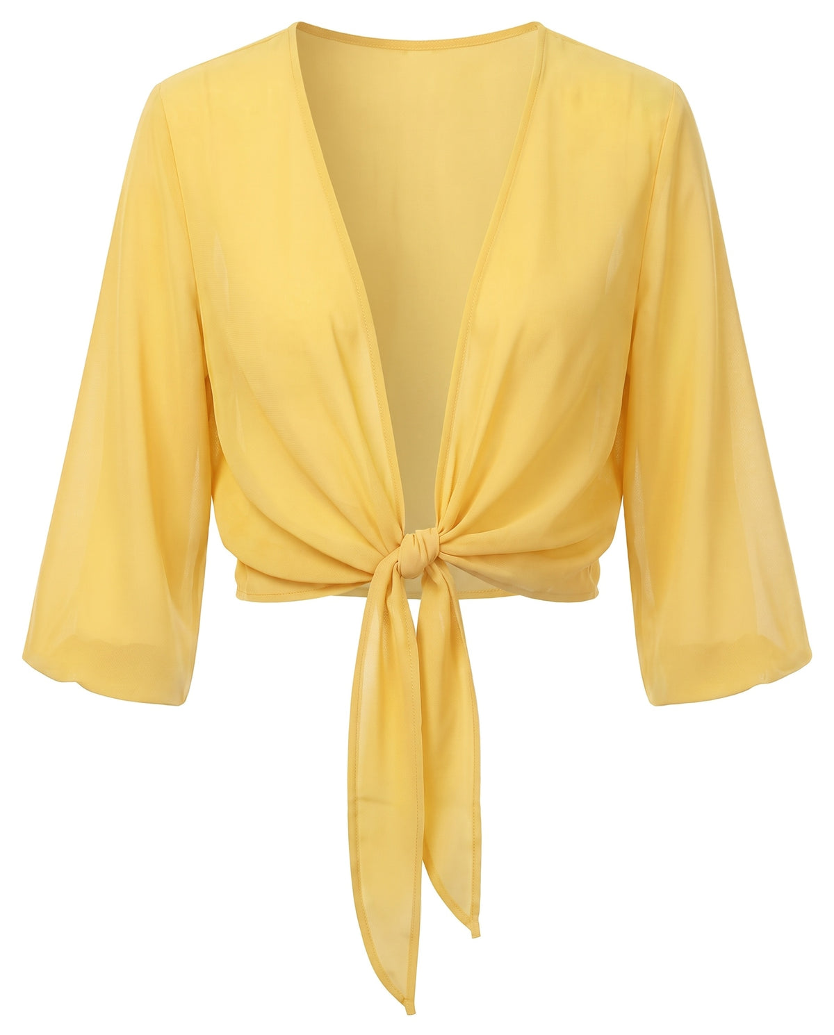 Sheer tie-front cropped shrug in Sunshine Yellow, front view