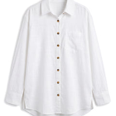 White oversized button-down shirt with chest pocket, front view