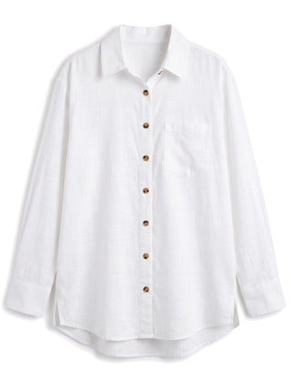 White oversized button-down shirt with chest pocket, front view