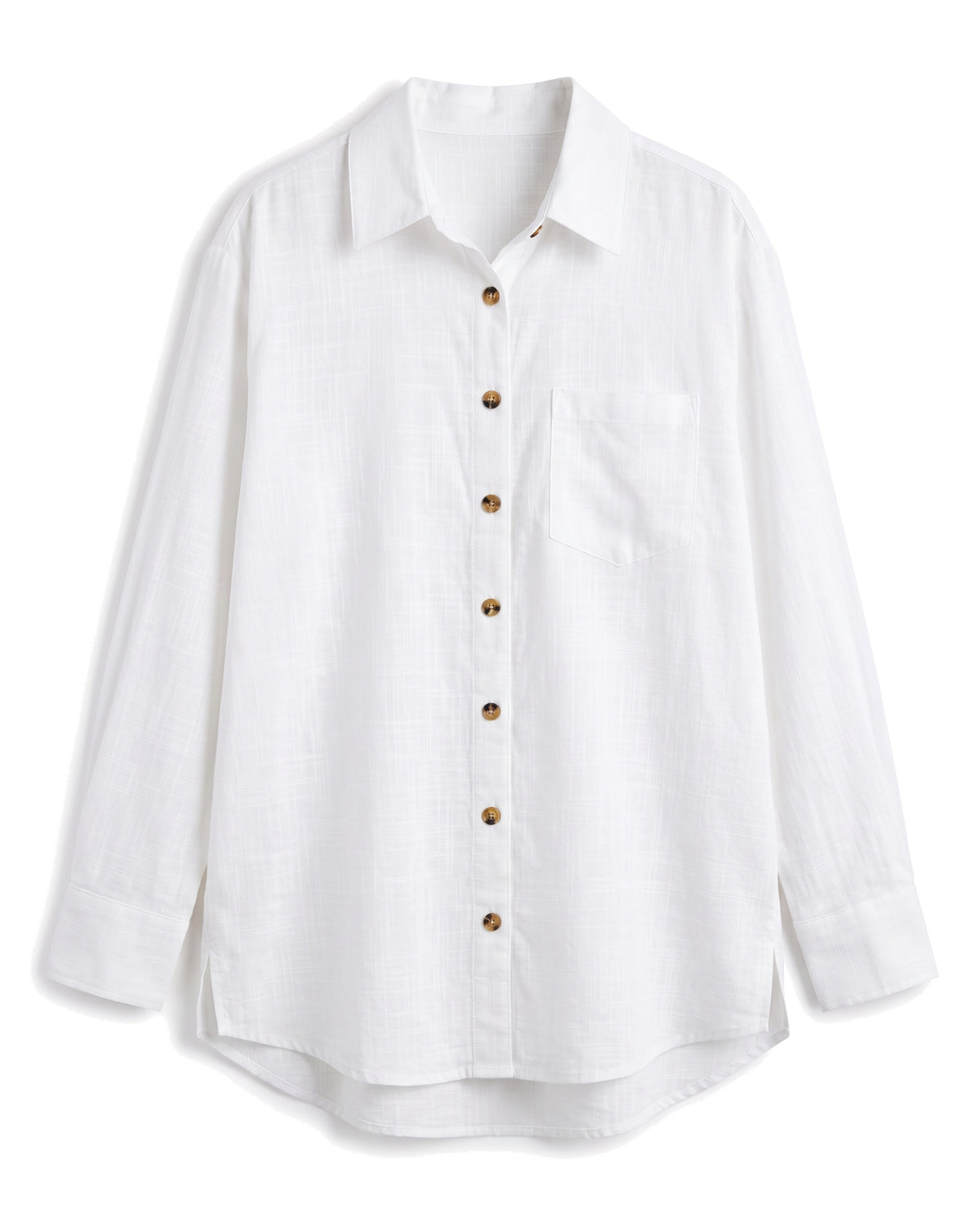 White oversized button-down shirt with chest pocket, front view