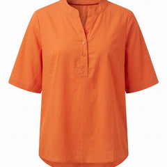Orange notch neck short sleeve tunic top, front view