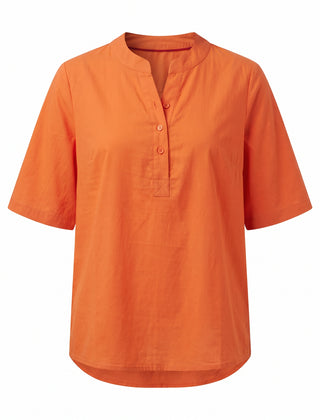 Orange notch neck short sleeve tunic top, front view