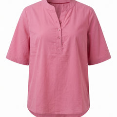 Pink notch neck short sleeve tunic top, front view