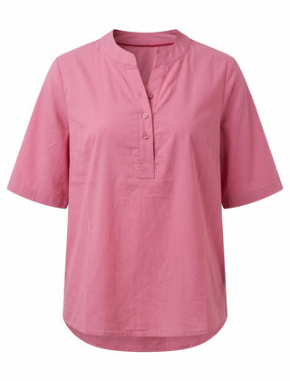 Pink notch neck short sleeve tunic top, front view