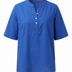 Blue notch neck short sleeve tunic top, front view