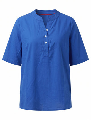 Blue notch neck short sleeve tunic top, front view