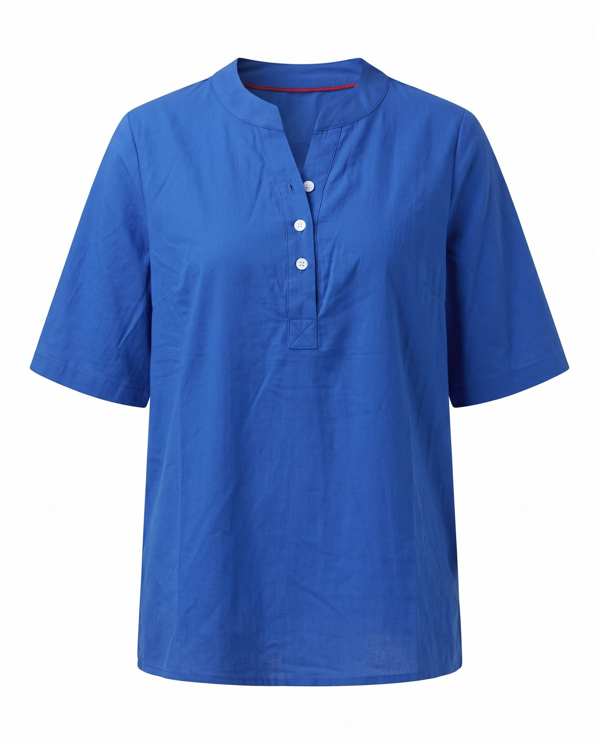 Blue notch neck short sleeve tunic top, front view