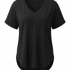 Black loose V neck pocket top, front view