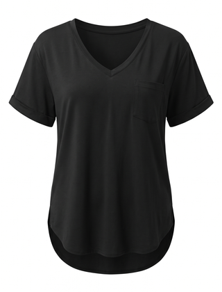 Black loose V neck pocket top, front view