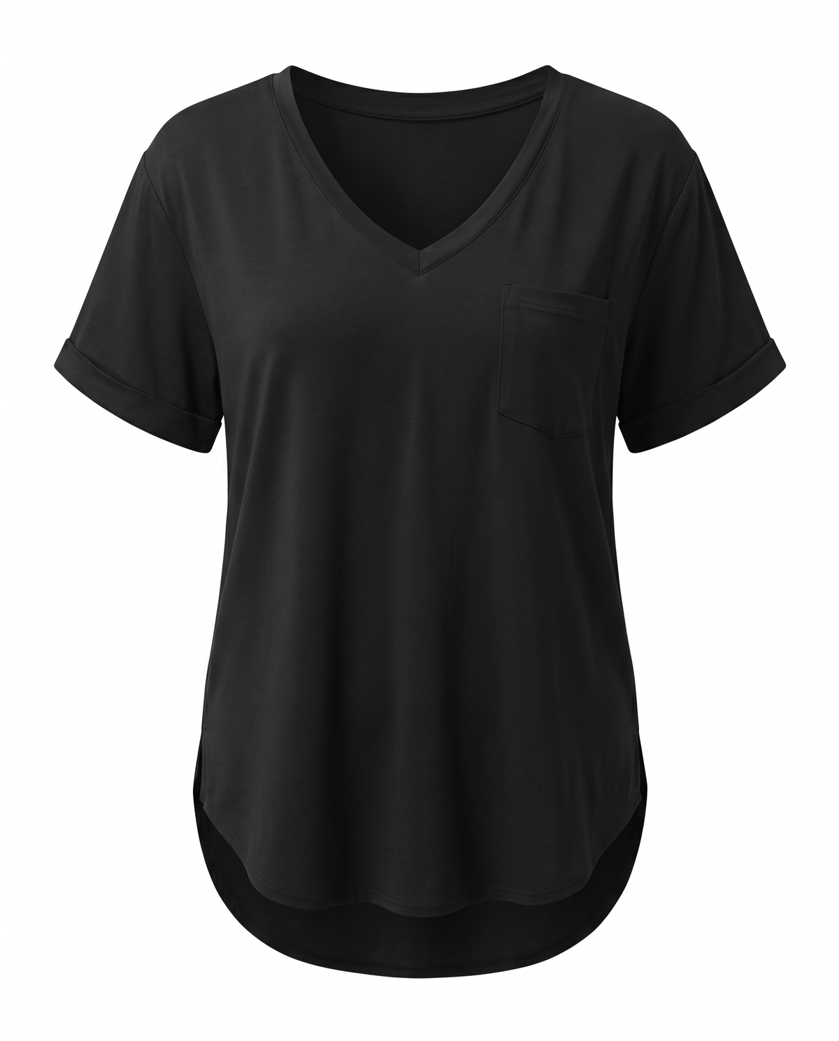 Black loose V neck pocket top, front view