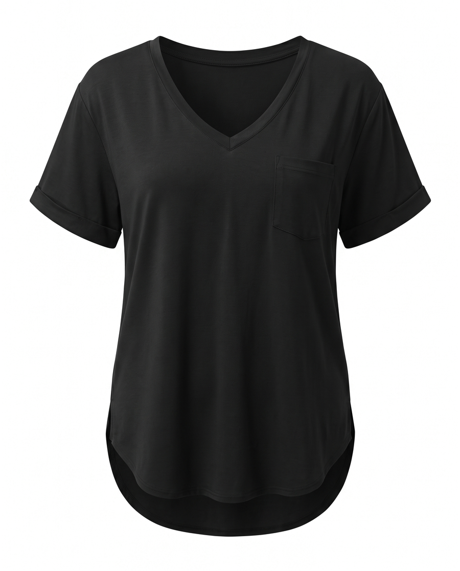 Black loose V neck pocket top, front view