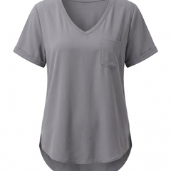 Gray loose V neck pocket top, front view