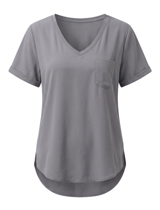 Gray loose V neck pocket top, front view