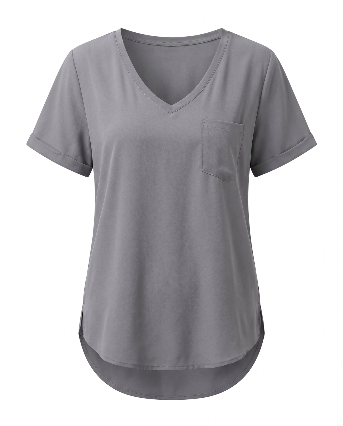Gray loose V neck pocket top, front view