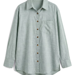 Green oversized button-down shirt with chest pocket, front view