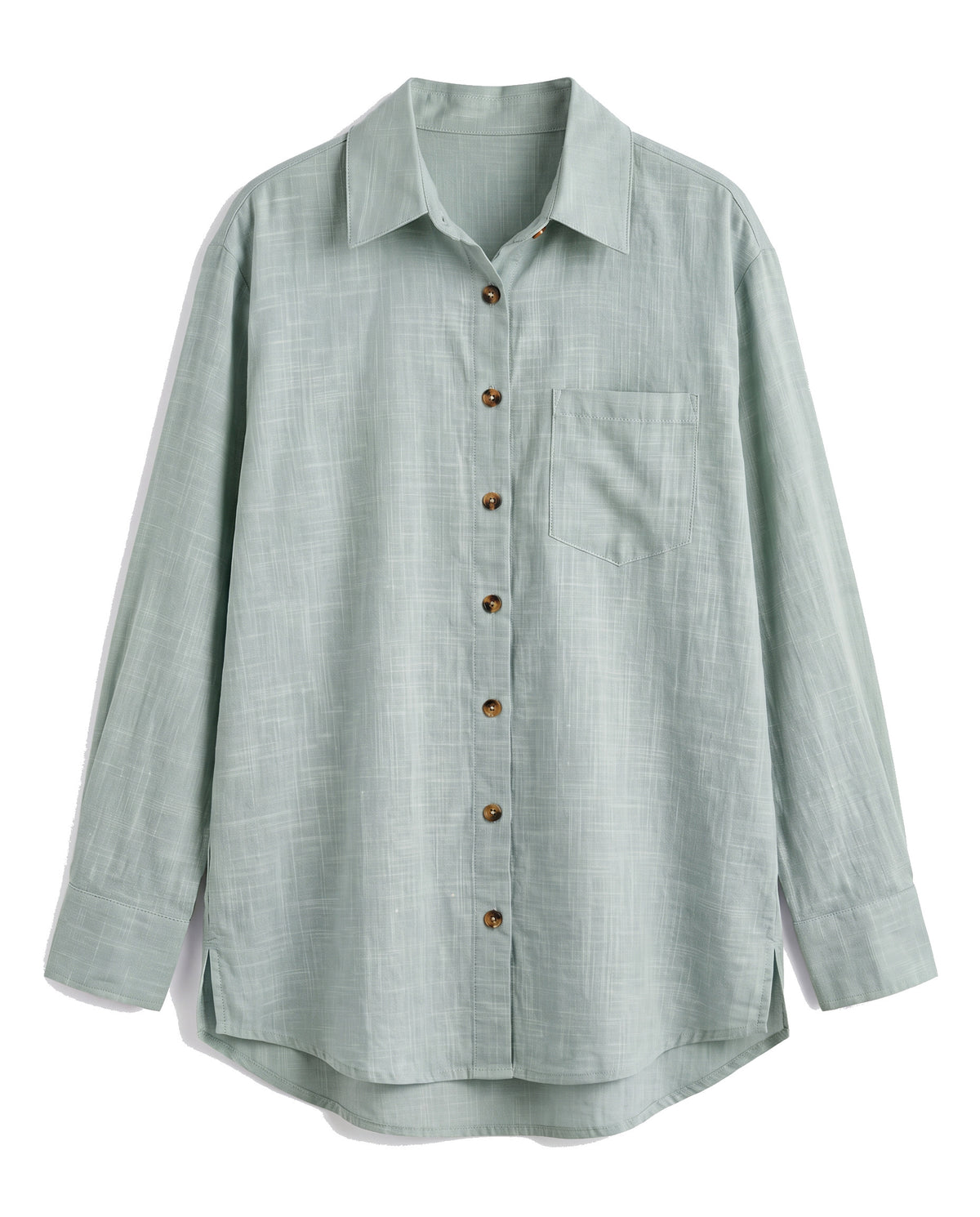 Green oversized button-down shirt with chest pocket, front view