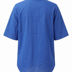 Blue notch neck short sleeve tunic top, back view with curved shirttail hem