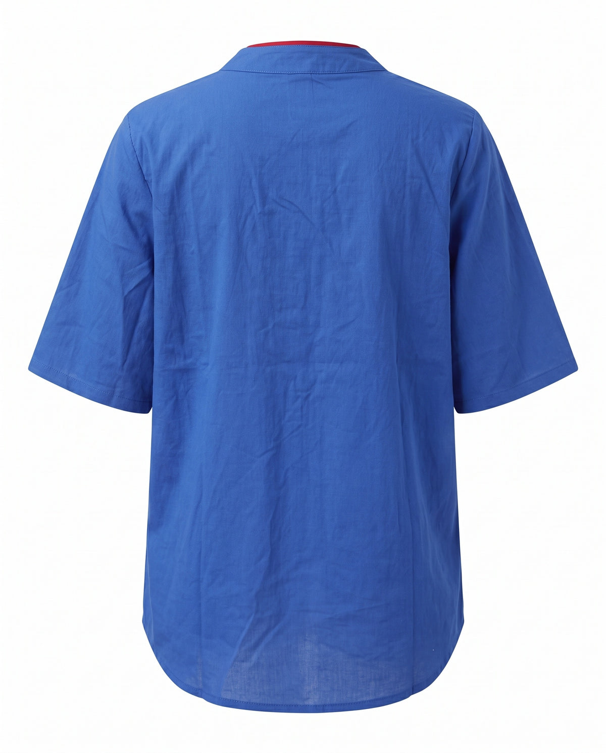 Blue notch neck short sleeve tunic top, back view with curved shirttail hem