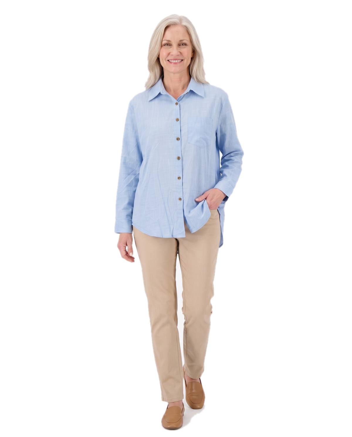 Model walking in the light blue button front shirt