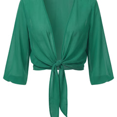 Sheer tie-front cropped shrug in Emerald, front view