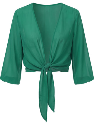 Sheer tie-front cropped shrug in Emerald, front view
