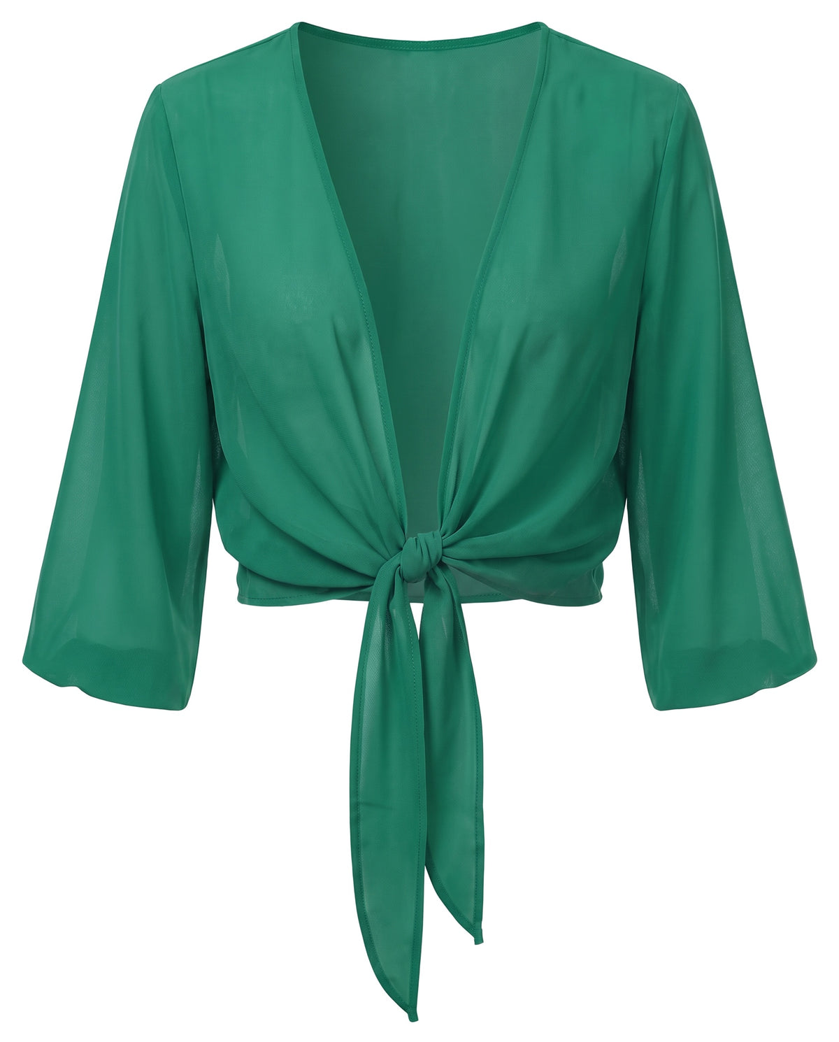 Sheer tie-front cropped shrug in Emerald, front view
