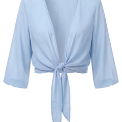 Sheer tie-front cropped shrug in Light Blue, front view